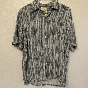 Tasso Elba Island Men's Shirt Size M Short Sleeve Silk Linen Blend Tan Blue